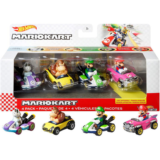 Hot Wheels Mario Kart Vehicles - Mario, Luigi, Donkey Kong, Dry Bones 4 Pack - Maqio