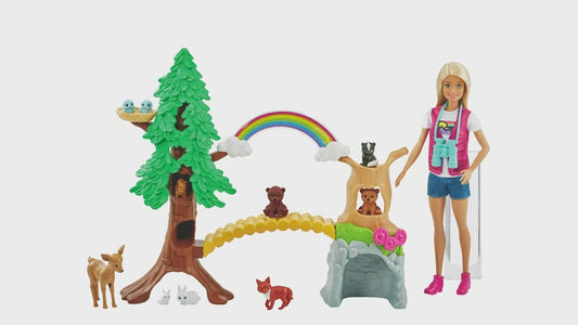 Barbie Wilderness Explorers Guide Interactive Playset, Blonde Barbie Doll, Outdoor Tree, Bridge, Overhead Rainbow, 10 Animals & More GTN60