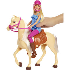 Barbie Doll Blonde Wearing Riding Outfit with Helmet and Light Brown Horse