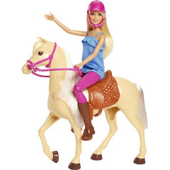 Barbie Doll Blonde Wearing Riding Outfit with Helmet and Light Brown Horse