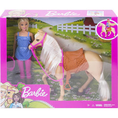 Barbie Doll Blonde Wearing Riding Outfit with Helmet and Light Brown Horse