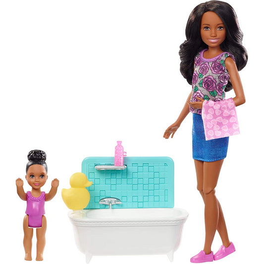 Barbie Babysitters Playset & Bathtub Skipper Toddler Doll with Moving Arms