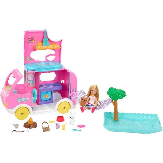 Barbie Camper Chelsea 2 in 1 Playset with Small Doll 2 Pets & 15 Accessories