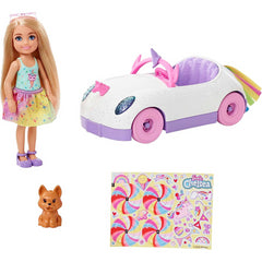 Barbie Club Chelsea Doll 6-In with Open-Top Rainbow Unicorn-Themed Car