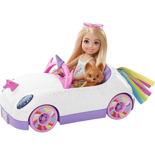 Barbie Club Chelsea Doll 6-In with Open-Top Rainbow Unicorn-Themed Car