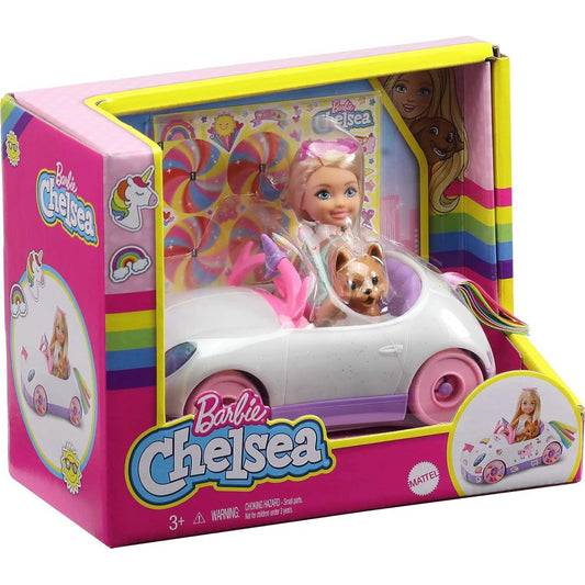 Barbie Club Chelsea Doll 6-In with Open-Top Rainbow Unicorn-Themed Car