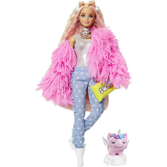 Barbie Extra Doll Fluffy Pink Jacket Coat & Unicorn Pig Pet