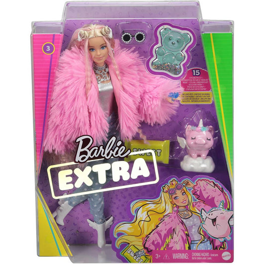 Barbie Extra Doll Fluffy Pink Jacket Coat & Unicorn Pig Pet