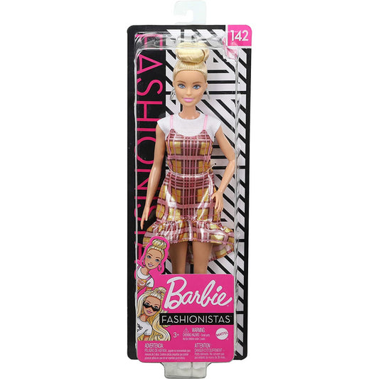 Barbie Fashionistas Doll with Blonde Updo Hair Wearing Pink & Golden Plaid Dress