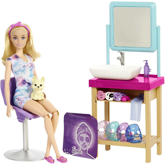 Barbie Sparkle Mask Spa Day Playset Blonde Barbie Doll 7 Spa Masks Sink Mirror