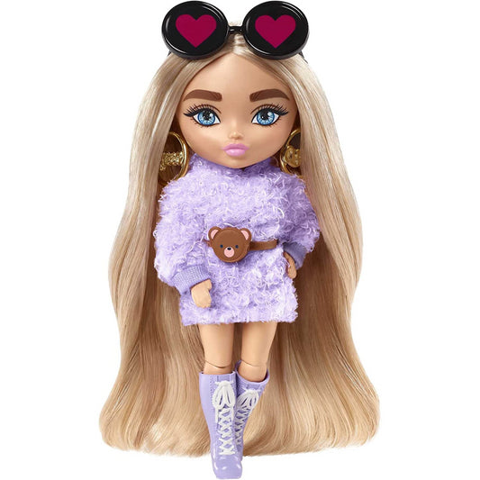 Barbie Extra Minis Doll 5.5in Wearing Fluffy Purple Fashion with Doll Stand