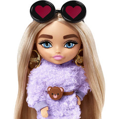 Barbie Extra Minis Doll 5.5in Wearing Fluffy Purple Fashion with Doll Stand