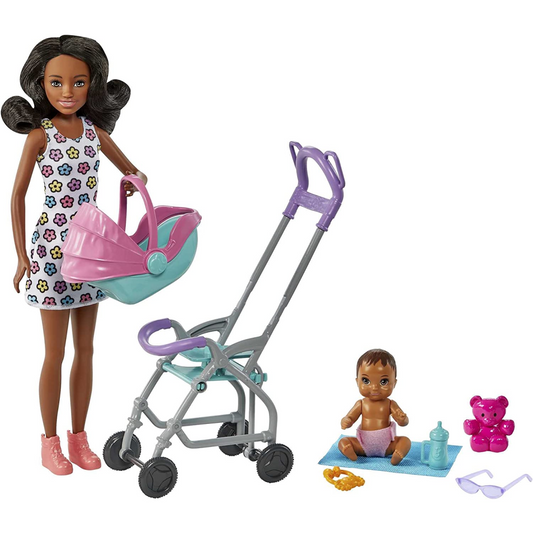 Barbie Skipper Babysitters Playset with Brunette Babysitter Doll Pram & Baby