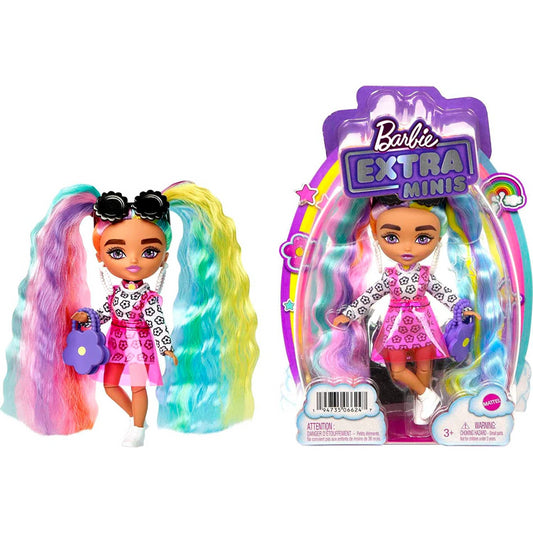 Barbie Extra Minis Doll 5.5in With Rainbow Hair Wearing Flower Print Dress