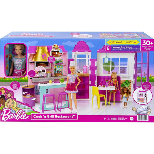 Barbie Cook 'n Grill Restaurant Playset & Barbie Doll 30+ Pieces Kitchen