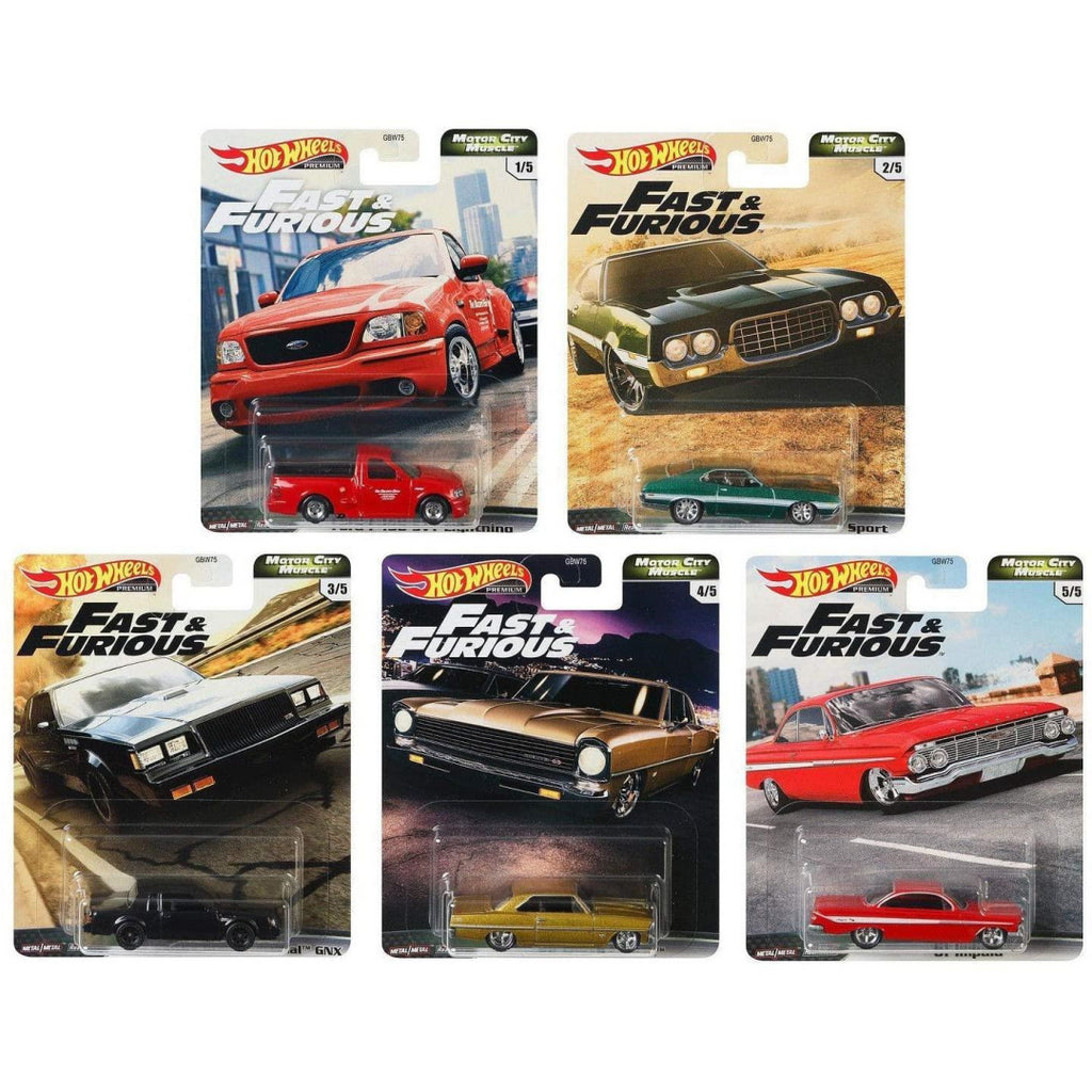 Hot Wheels Premium Fast & Furious Motor City Muscle Set of 5 Die Cast Vehicles GBW75 - Maqio