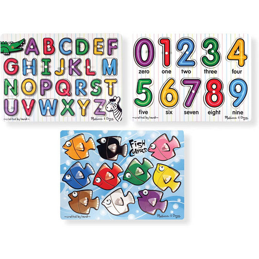 Melissa & Doug Classic Wooden Peg Puzzles Set of 3 - Numbers Alphabet & Colours