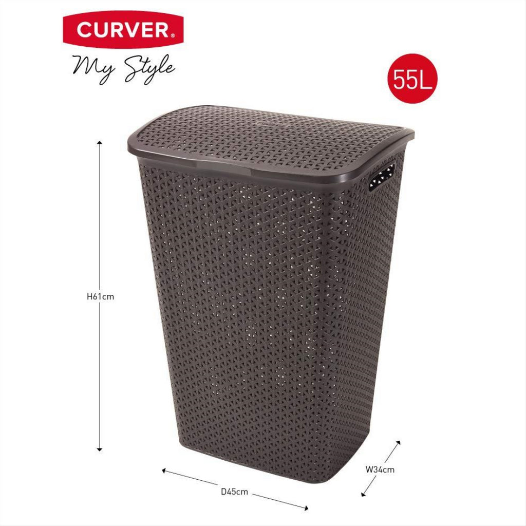 Curver 55L Brown Rattan Style Plastic Laundry Linen Basket - Maqio