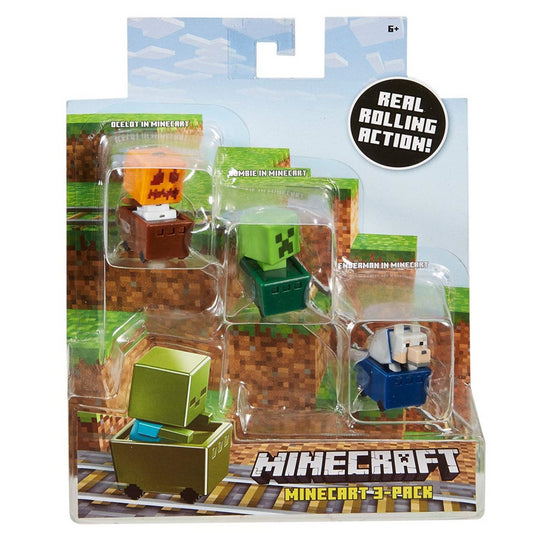 Minecraft FFK79 Minecart 3 Pack of Snow Golem, Wolf and Creeper Toy Figures - Maqio