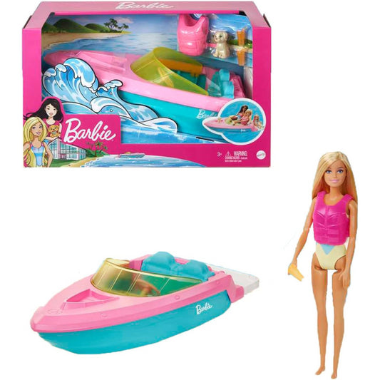 Barbie Doll and Boat Playset with Pet Puppy Life Vest