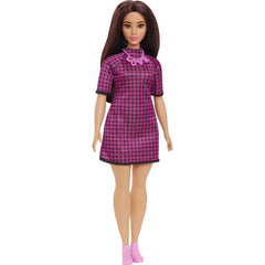 Barbie Fashionistas Doll Curvy Hair Pink & Black Checkered Dress Pink Sneakers