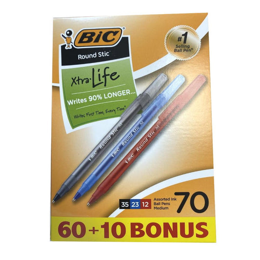 BIC Round Stic Medium 70 Ball Pens inc 35 Black 23 Blue & 12 Red - Maqio