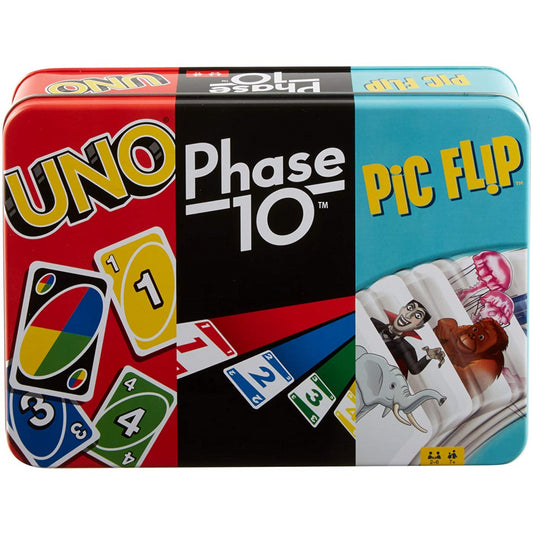 Mattel Card Bundle in Tin Box including Uno, Phase 10 & Pic Flip Card Games - Maqio