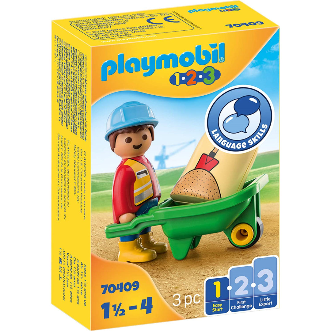 Playmobil 123 3pc Construction Worker & Wheel Barrow Figure - Maqio