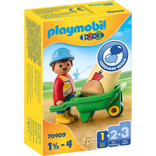 Playmobil 123 3pc Construction Worker & Wheel Barrow Figure - Maqio